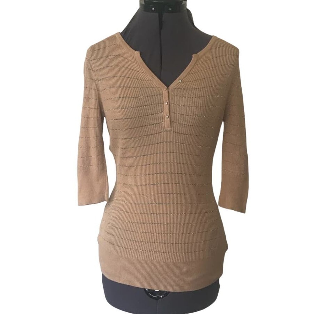 Bebe Y2K Tan and Silver Metallic Striped Lightweight Knit Sweater • Size M 🔴